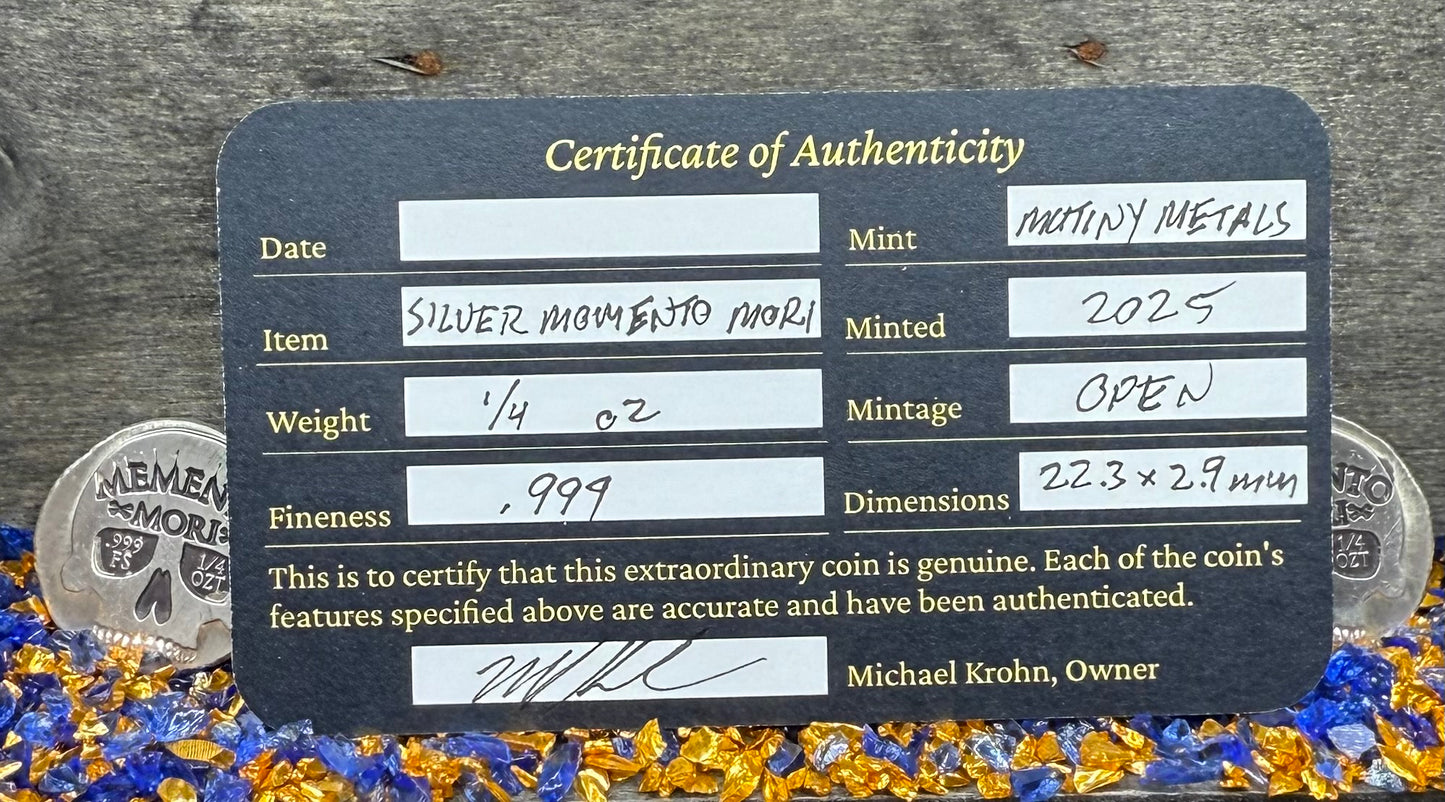 'Memento Mori' Pirate Treasure Hand Crafted by Mutiny Metals 1.25 Troy Ounce .999 Fine Silver Round 5 Piece Set Antique Finish Includes Wood Treasure Chest, Capsule & COA