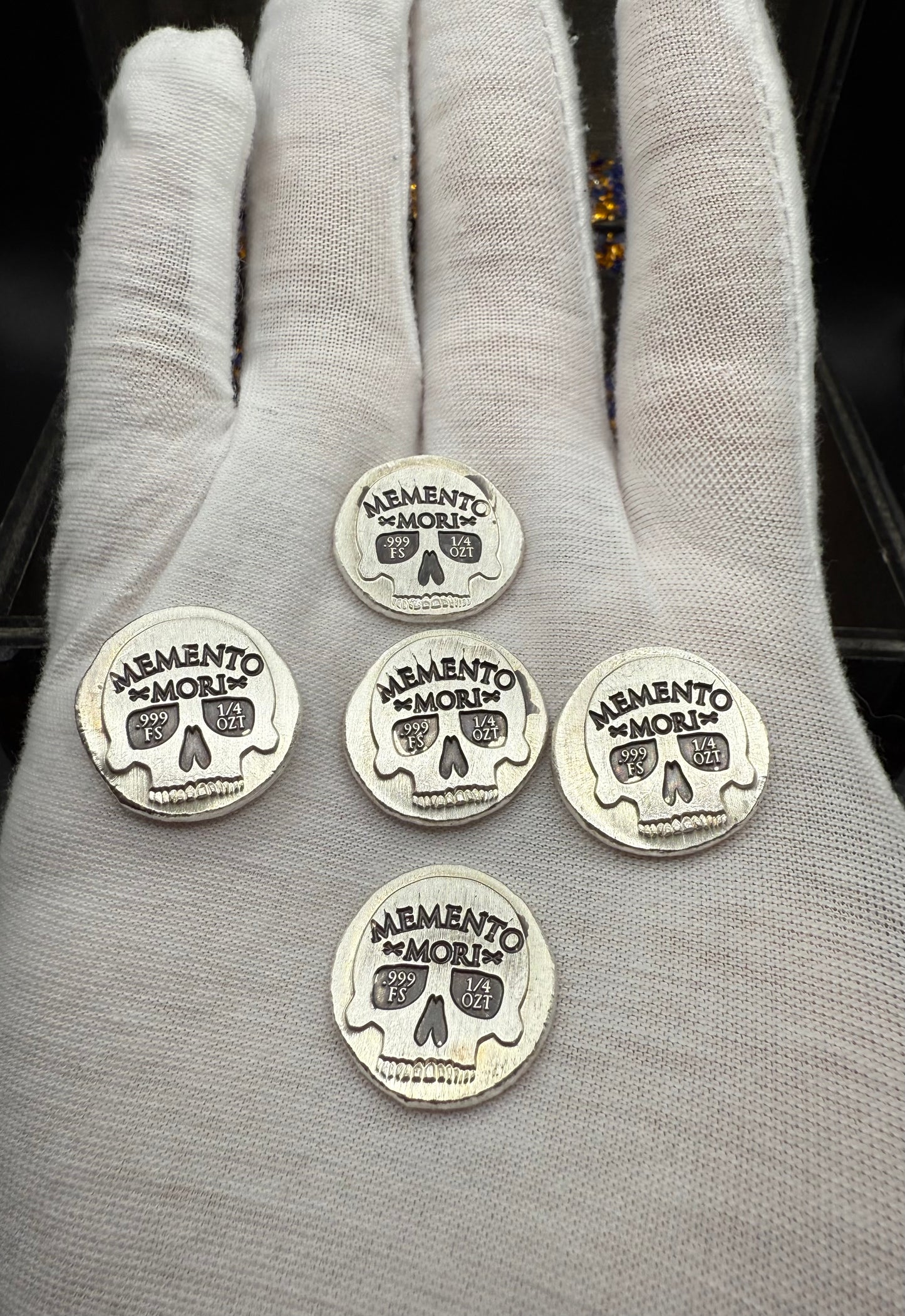 'Memento Mori' Pirate Treasure Hand Crafted by Mutiny Metals 1.25 Troy Ounce .999 Fine Silver Round 5 Piece Set Antique Finish Includes Wood Treasure Chest, Capsule & COA