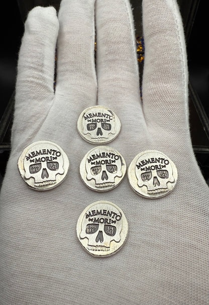 'Memento Mori' Pirate Treasure Hand Crafted by Mutiny Metals 1.25 Troy Ounce .999 Fine Silver Round 5 Piece Set Antique Finish Includes Wood Treasure Chest, Capsule & COA