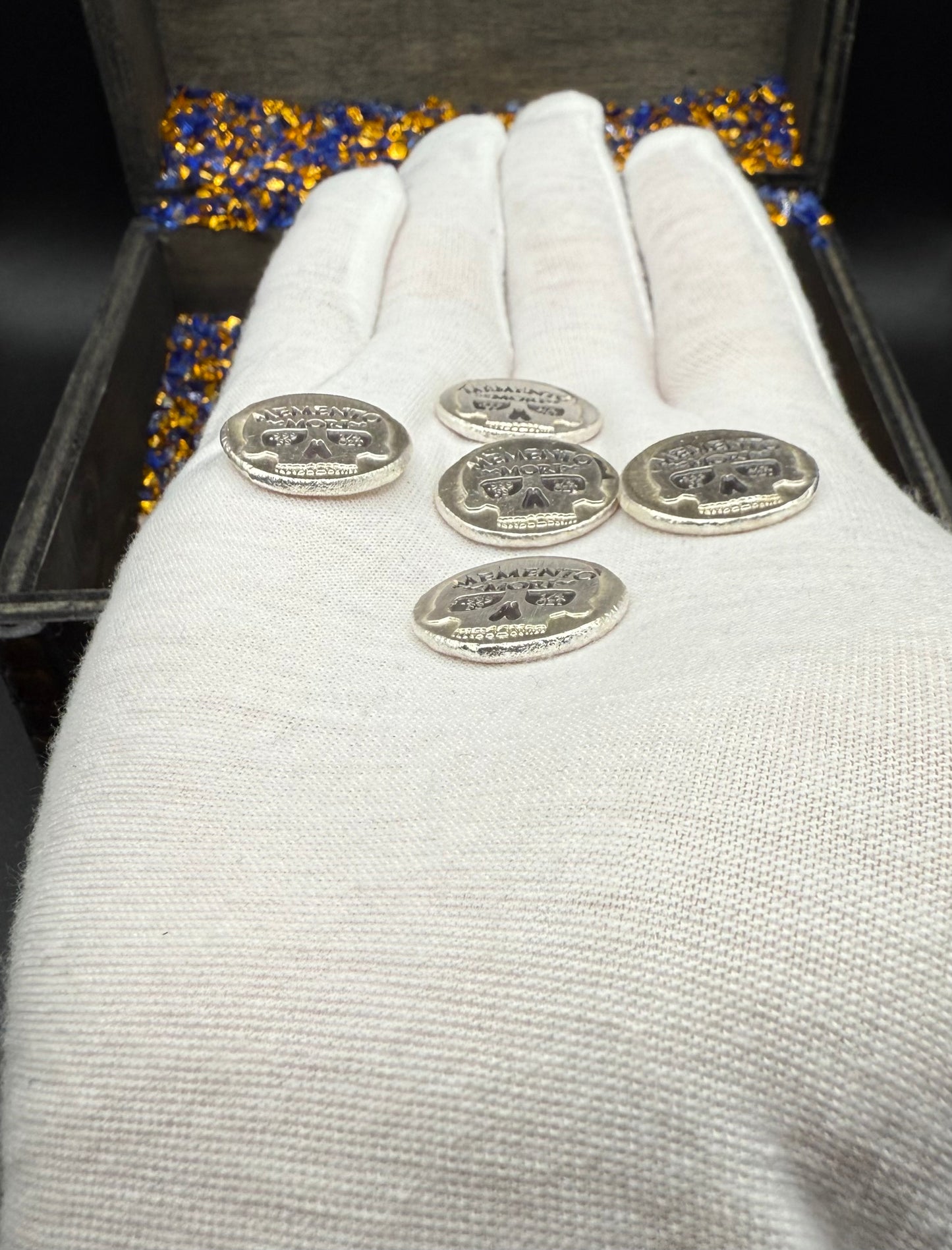 'Memento Mori' Pirate Treasure Hand Crafted by Mutiny Metals 1.25 Troy Ounce .999 Fine Silver Round 5 Piece Set Antique Finish Includes Wood Treasure Chest, Capsule & COA