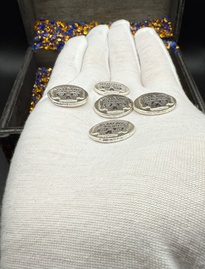 'Memento Mori' Pirate Treasure Hand Crafted by Mutiny Metals 1.25 Troy Ounce .999 Fine Silver Round 5 Piece Set Antique Finish Includes Wood Treasure Chest, Capsule & COA