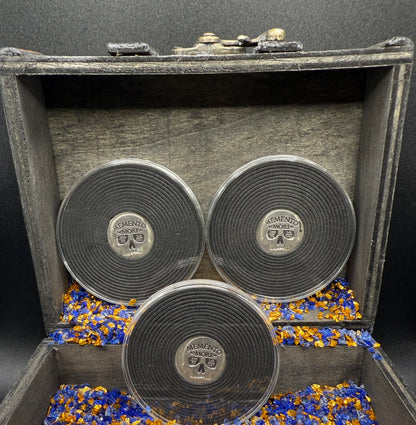 'Memento Mori' Pirate Treasure Hand Crafted by Mutiny Metals 1.25 Troy Ounce .999 Fine Silver Round 5 Piece Set Antique Finish Includes Wood Treasure Chest, Capsule & COA