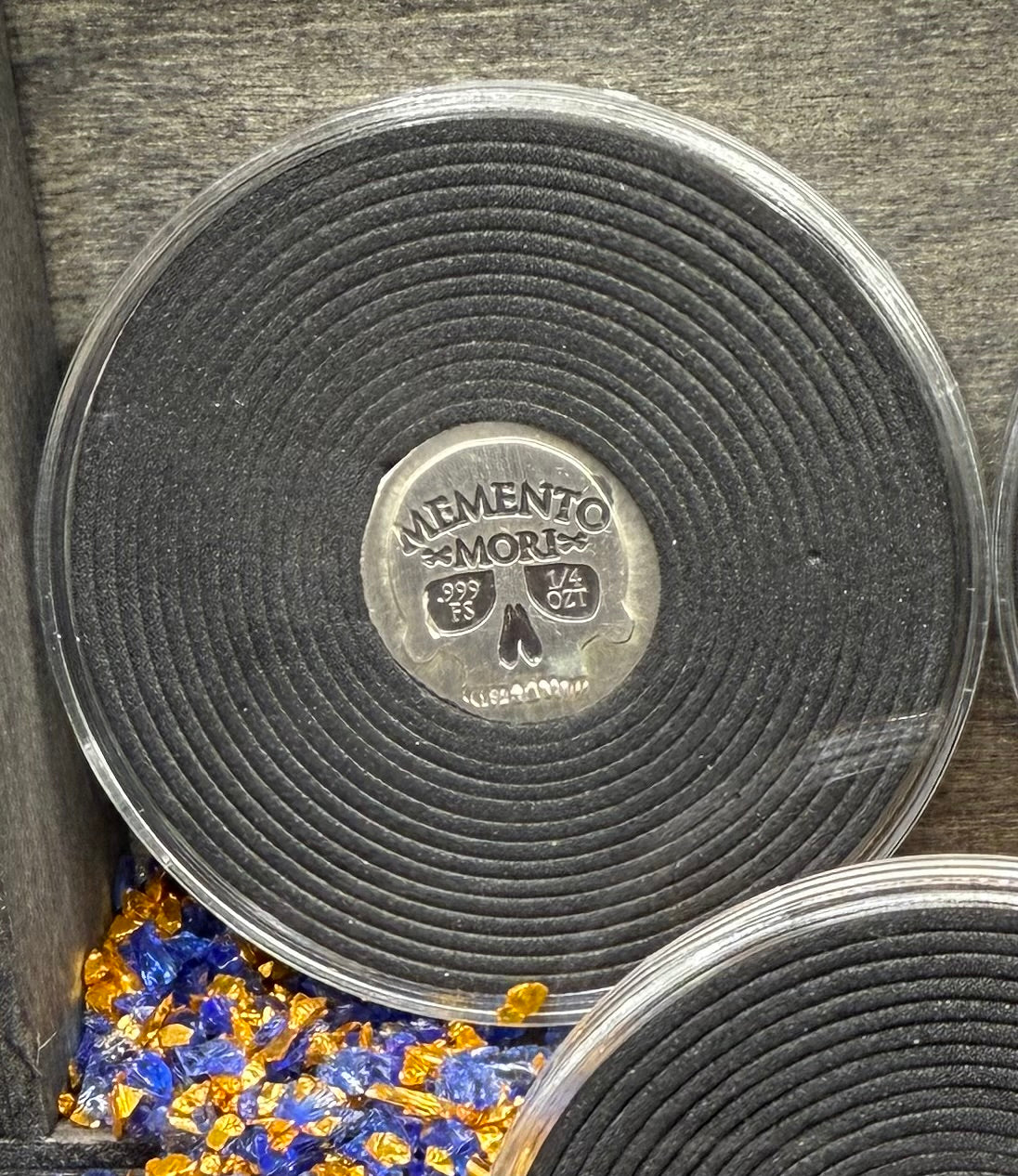 'Memento Mori' Pirate Treasure Hand Crafted by Mutiny Metals 1.25 Troy Ounce .999 Fine Silver Round 5 Piece Set Antique Finish Includes Wood Treasure Chest, Capsule & COA