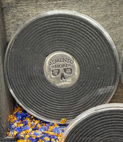 'Memento Mori' Pirate Treasure Hand Crafted by Mutiny Metals 1.25 Troy Ounce .999 Fine Silver Round 5 Piece Set Antique Finish Includes Wood Treasure Chest, Capsule & COA