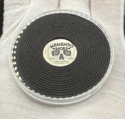 'Memento Mori' Pirate Treasure Hand Crafted by Mutiny Metals 1.25 Troy Ounce .999 Fine Silver Round 5 Piece Set Antique Finish Includes Wood Treasure Chest, Capsule & COA