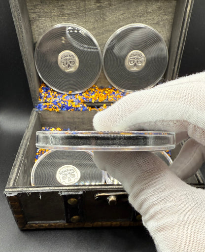 'Memento Mori' Pirate Treasure Hand Crafted by Mutiny Metals 1.25 Troy Ounce .999 Fine Silver Round 5 Piece Set Antique Finish Includes Wood Treasure Chest, Capsule & COA