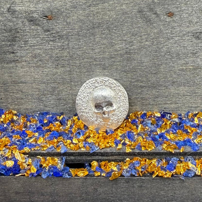 'Skully Round' Pirate Treasure Hand Crafted by Mutiny Metals .5 Troy Ounce .999 Fine Silver Round Antique Finish Includes Wood Treasure Chest, Capsule & COA Mint Condition