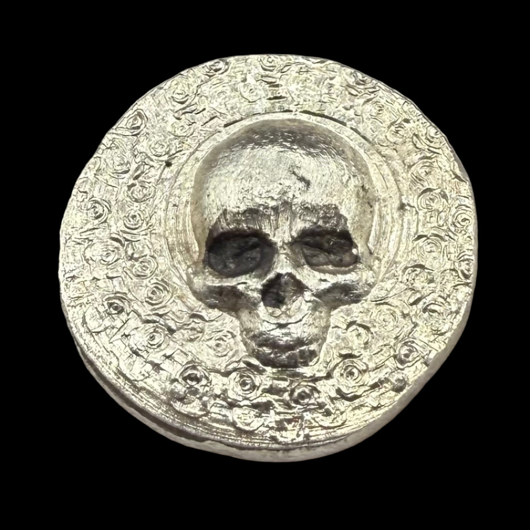 'Skully Round' Pirate Treasure Hand Crafted by Mutiny Metals .5 Troy Ounce .999 Fine Silver Round Antique Finish Includes Wood Treasure Chest, Capsule & COA Mint Condition