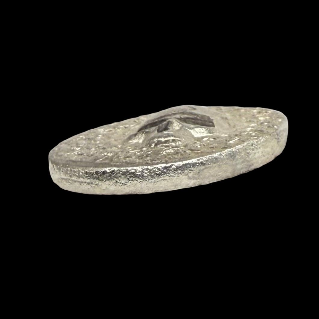 'Skully Round' Pirate Treasure Hand Crafted by Mutiny Metals .5 Troy Ounce .999 Fine Silver Round Antique Finish Includes Wood Treasure Chest, Capsule & COA Mint Condition