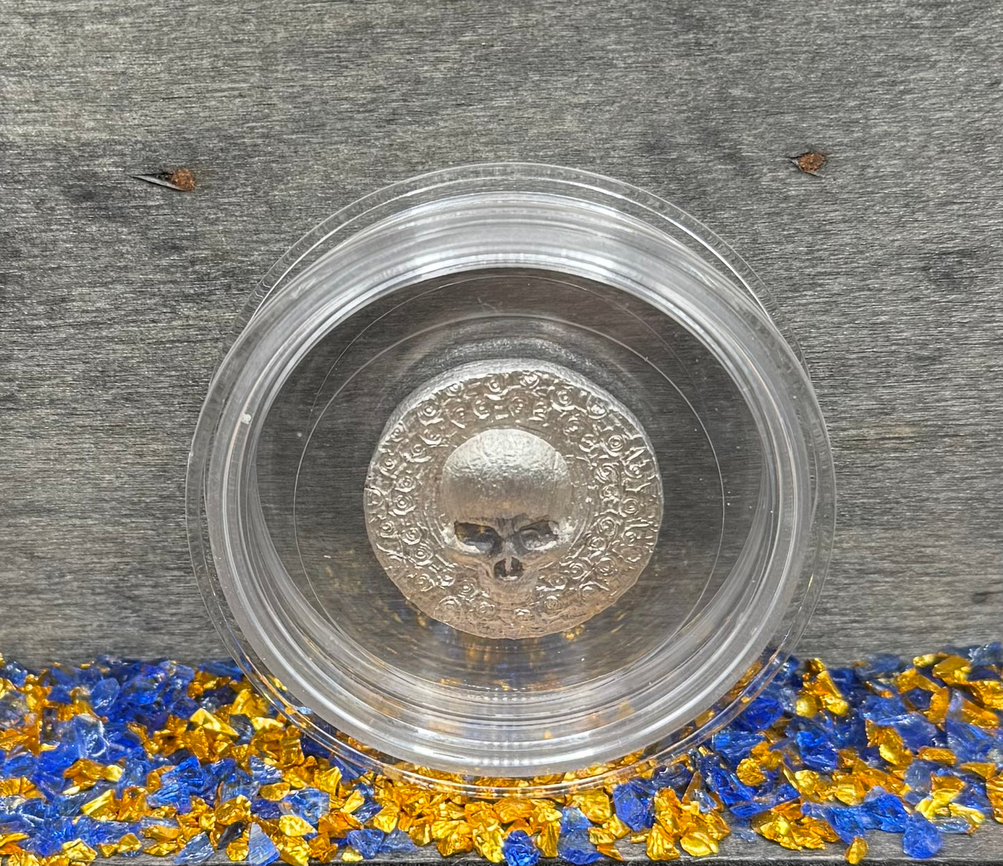 'Skully Round' Pirate Treasure Hand Crafted by Mutiny Metals .5 Troy Ounce .999 Fine Silver Round Antique Finish Includes Wood Treasure Chest, Capsule & COA Mint Condition