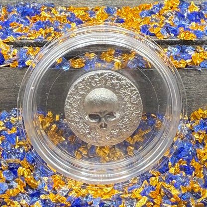 'Skully Round' Pirate Treasure Hand Crafted by Mutiny Metals .5 Troy Ounce .999 Fine Silver Round Antique Finish Includes Wood Treasure Chest, Capsule & COA Mint Condition