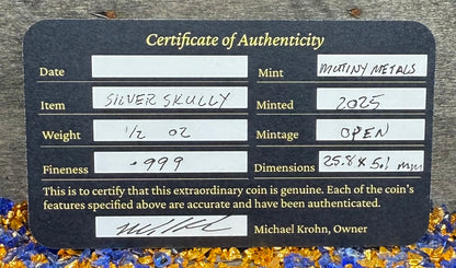 'Skully Round' Pirate Treasure Hand Crafted by Mutiny Metals .5 Troy Ounce .999 Fine Silver Round Antique Finish Includes Wood Treasure Chest, Capsule & COA Mint Condition