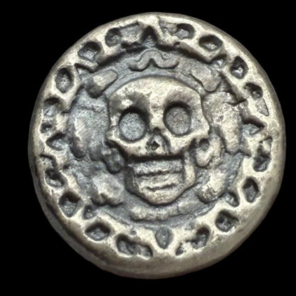 'Muerta Doubloon'  Pirate Treasure Hand Crafted by Yeager Mint 25 Grams .999 Fine Silver Round Antique Finish Includes Wood Treasure Chest, Capsule & COA Mint Condition