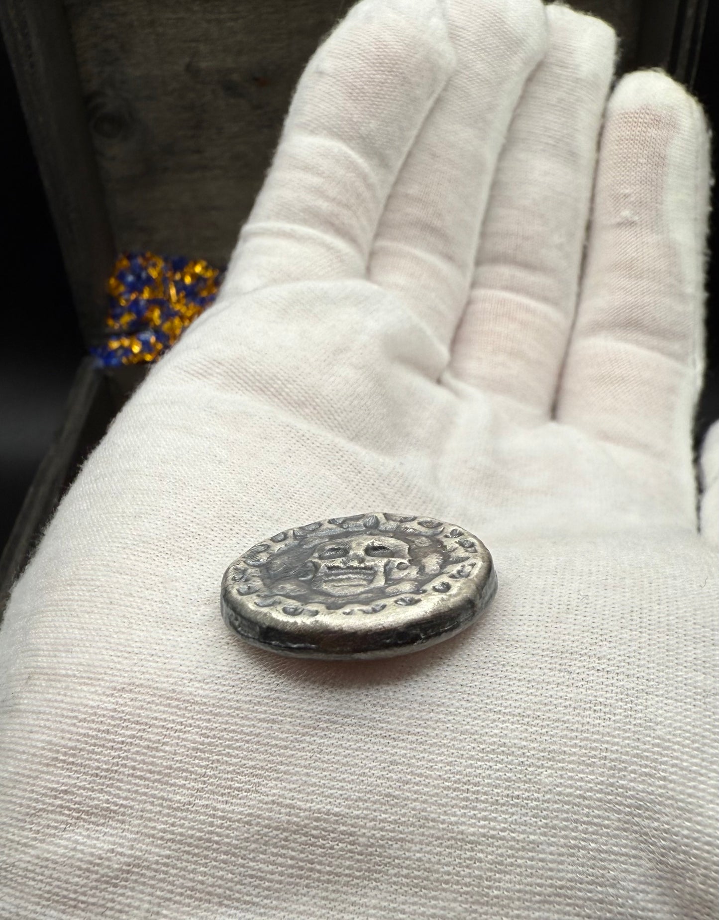 'Muerta Doubloon'  Pirate Treasure Hand Crafted by Yeager Mint 25 Grams .999 Fine Silver Round Antique Finish Includes Wood Treasure Chest, Capsule & COA Mint Condition