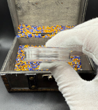 'Muerta Doubloon'  Pirate Treasure Hand Crafted by Yeager Mint 25 Grams .999 Fine Silver Round Antique Finish Includes Wood Treasure Chest, Capsule & COA Mint Condition