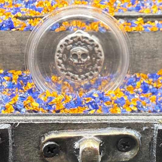 'Muerta Doubloon'  Pirate Treasure Hand Crafted by Yeager Mint 25 Grams .999 Fine Silver Round Antique Finish Includes Wood Treasure Chest, Capsule & COA Mint Condition