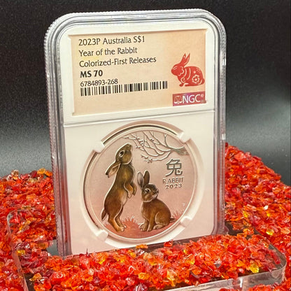 2023 P Silver $1 Australia Lunar Series III Year of the Rabbit Colorized Brown NGC MS70 First Releases Red Lunar Label New Holder Mint Condition (1 of 311)