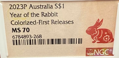 2023 P Silver $1 Australia Lunar Series III Year of the Rabbit Colorized Brown NGC MS70 First Releases Red Lunar Label New Holder Mint Condition (1 of 311)