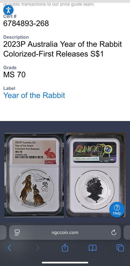 2023 P Silver $1 Australia Lunar Series III Year of the Rabbit Colorized Brown NGC MS70 First Releases Red Lunar Label New Holder Mint Condition (1 of 311)