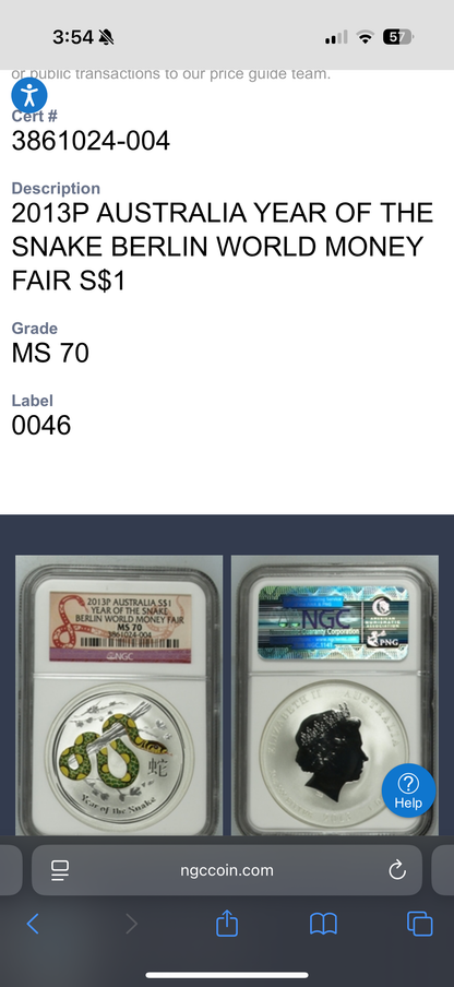 2013 P Silver $1 Australia Lunar Series II Year of the Snake Colorized Green Yellow NGC MS70 Berlin World Money Fair Red Lunar Label New Holder (Rare 1 of 199)