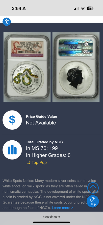 2013 P Silver $1 Australia Lunar Series II Year of the Snake Colorized Green Yellow NGC MS70 Berlin World Money Fair Red Lunar Label New Holder (Rare 1 of 199)