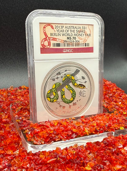 2013 P Silver $1 Australia Lunar Series II Year of the Snake Colorized Green Yellow NGC MS70 Berlin World Money Fair Red Lunar Label New Holder (Rare 1 of 199)