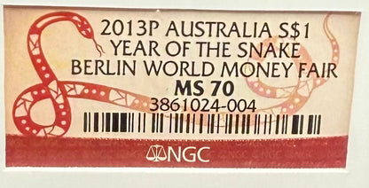 2013 P Silver $1 Australia Lunar Series II Year of the Snake Colorized Green Yellow NGC MS70 Berlin World Money Fair Red Lunar Label New Holder (Rare 1 of 199)