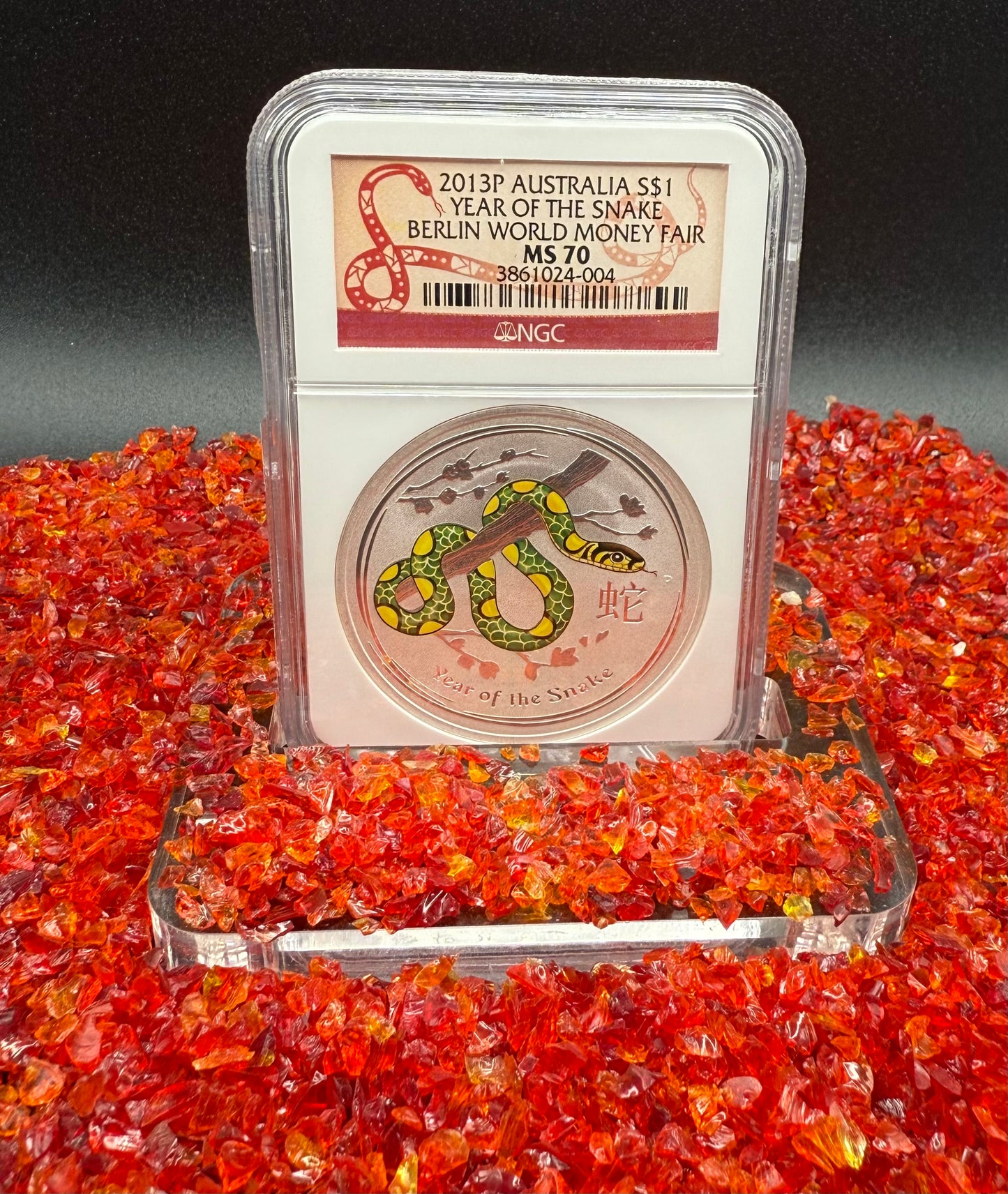 2013 P Silver $1 Australia Lunar Series II Year of the Snake Colorized Green Yellow NGC MS70 Berlin World Money Fair Red Lunar Label New Holder (Rare 1 of 199)