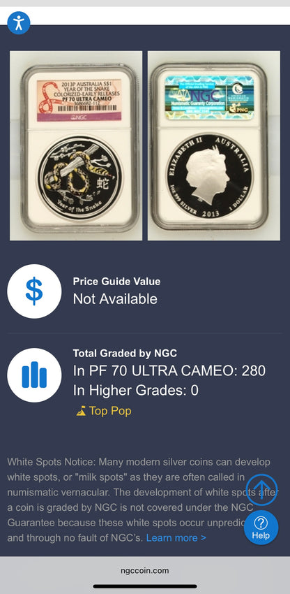 Proof 2013 P Silver $1 Australia Lunar Series II Year of the Snake Colorized Yellow NGC PF70 Red Lunar Label (Rare 1 of 280)