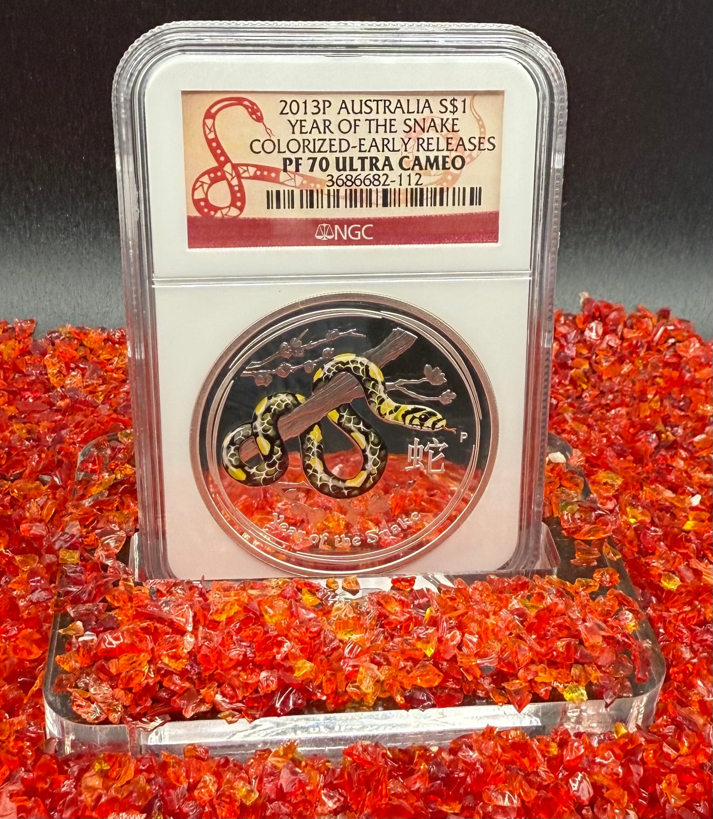 Proof 2013 P Silver $1 Australia Lunar Series II Year of the Snake Colorized Yellow NGC PF70 Red Lunar Label (Rare 1 of 280)