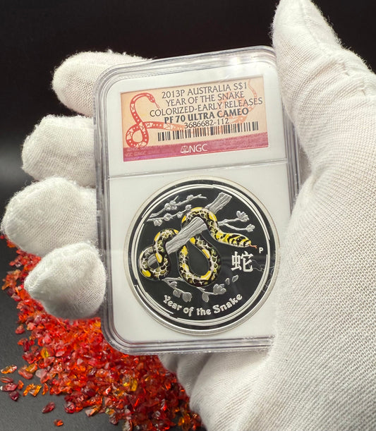 Proof 2013 P Silver $1 Australia Lunar Series II Year of the Snake Colorized Yellow NGC PF70 Red Lunar Label (Rare 1 of 280)