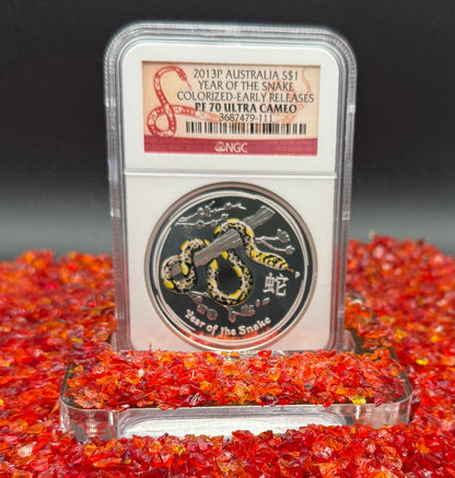 Proof 2013 P Silver $1 Australia Lunar Series II Year of the Snake Colorized Yellow NGC PF70 Red Lunar Label New Holder (Rare 1 of 280)