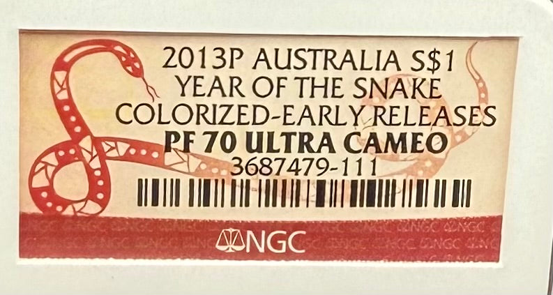 Proof 2013 P Silver $1 Australia Lunar Series II Year of the Snake Colorized Yellow NGC PF70 Red Lunar Label New Holder (Rare 1 of 280)