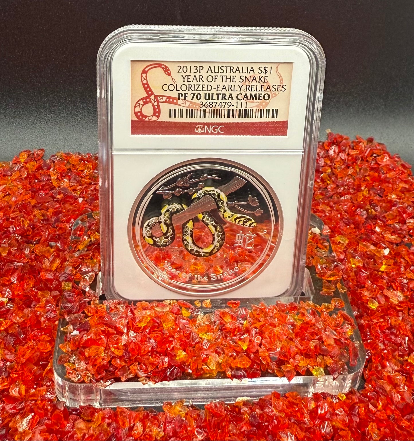 Proof 2013 P Silver $1 Australia Lunar Series II Year of the Snake Colorized Yellow NGC PF70 Red Lunar Label New Holder (Rare 1 of 280)