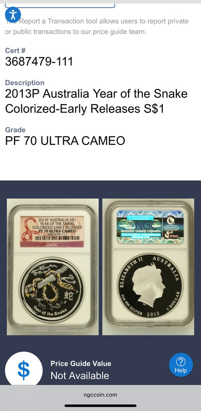 Proof 2013 P Silver $1 Australia Lunar Series II Year of the Snake Colorized Yellow NGC PF70 Red Lunar Label New Holder (Rare 1 of 280)