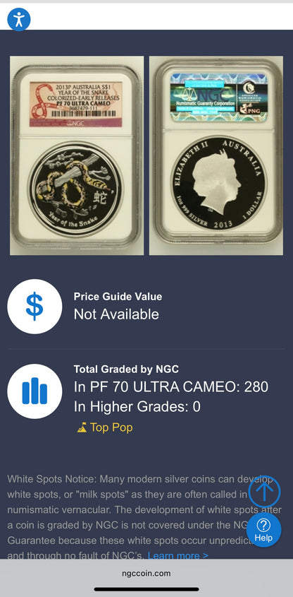 Proof 2013 P Silver $1 Australia Lunar Series II Year of the Snake Colorized Yellow NGC PF70 Red Lunar Label New Holder (Rare 1 of 280)