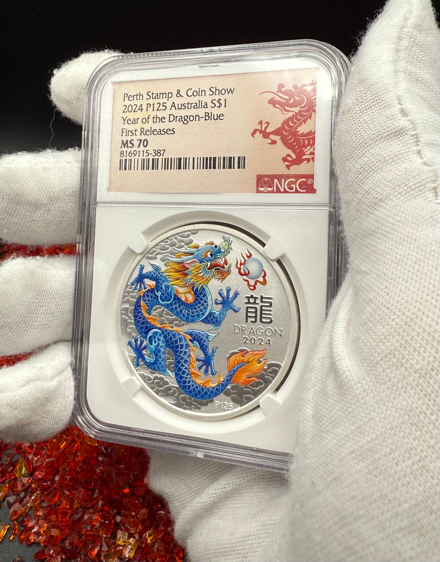 2024 P125 Silver $1 Australia Lunar Series III Year of the Dragon Blue Colorized NGC MS70 First Releases Perth Stamp & Coin Show Red Lunar Label New Holder (Rare 1 of 196)