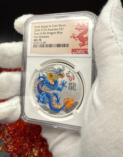 2024 P125 Silver $1 Australia Lunar Series III Year of the Dragon Blue Colorized NGC MS70 First Releases Perth Stamp & Coin Show Red Lunar Label New Holder (Rare 1 of 196)