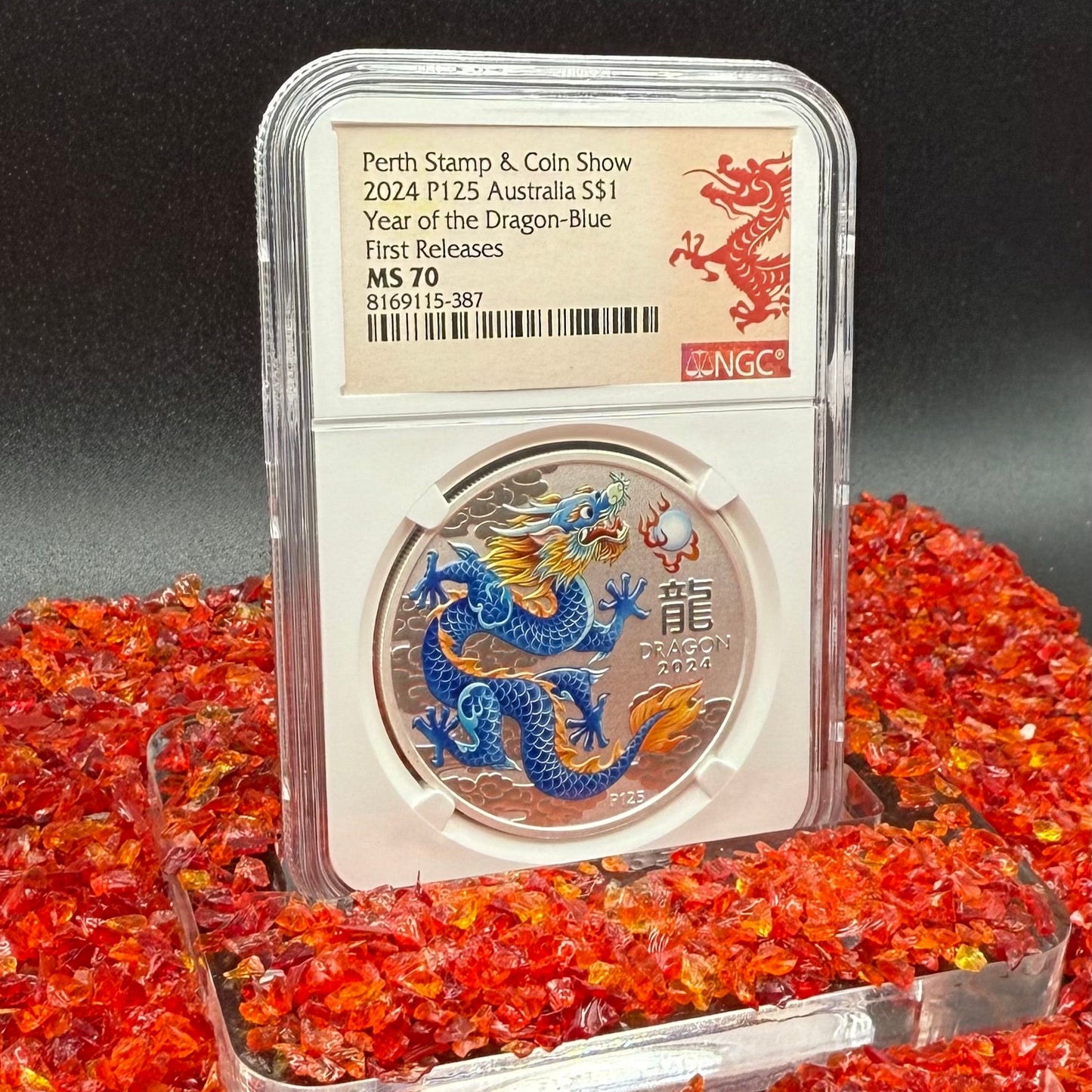 2024 P125 Silver $1 Australia Lunar Series III Year of the Dragon Blue Colorized NGC MS70 First Releases Perth Stamp & Coin Show Red Lunar Label New Holder (Rare 1 of 196)