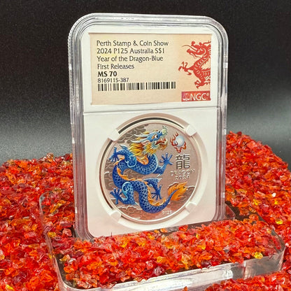 2024 P125 Silver $1 Australia Lunar Series III Year of the Dragon Blue Colorized NGC MS70 First Releases Perth Stamp & Coin Show Red Lunar Label New Holder (Rare 1 of 196)