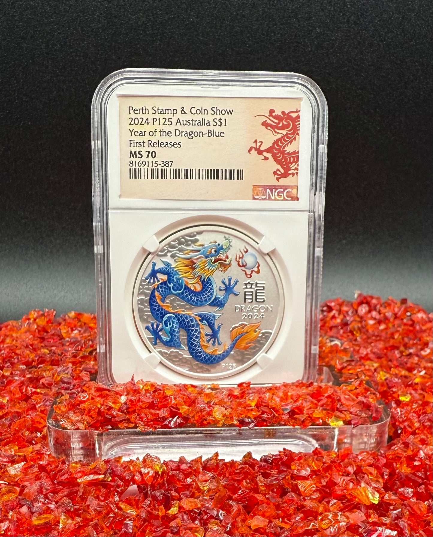 2024 P125 Silver $1 Australia Lunar Series III Year of the Dragon Blue Colorized NGC MS70 First Releases Perth Stamp & Coin Show Red Lunar Label New Holder (Rare 1 of 196)