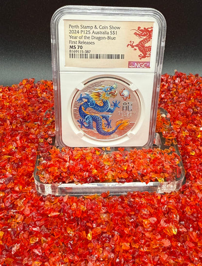 2024 P125 Silver $1 Australia Lunar Series III Year of the Dragon Blue Colorized NGC MS70 First Releases Perth Stamp & Coin Show Red Lunar Label New Holder (Rare 1 of 196)