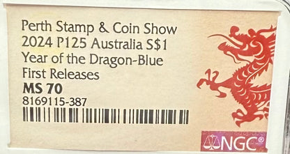 2024 P125 Silver $1 Australia Lunar Series III Year of the Dragon Blue Colorized NGC MS70 First Releases Perth Stamp & Coin Show Red Lunar Label New Holder (Rare 1 of 196)