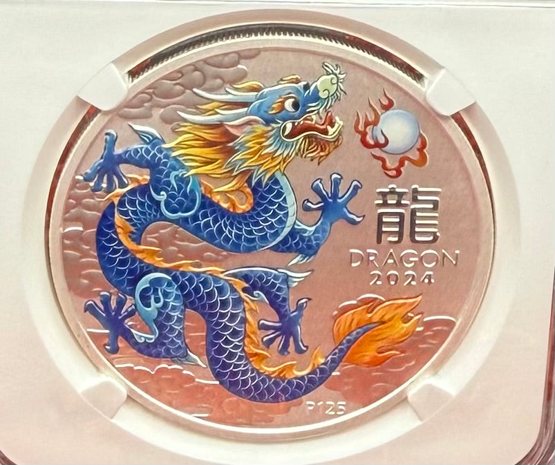 2024 P125 Silver $1 Australia Lunar Series III Year of the Dragon Blue Colorized NGC MS70 First Releases Perth Stamp & Coin Show Red Lunar Label New Holder (Rare 1 of 196)