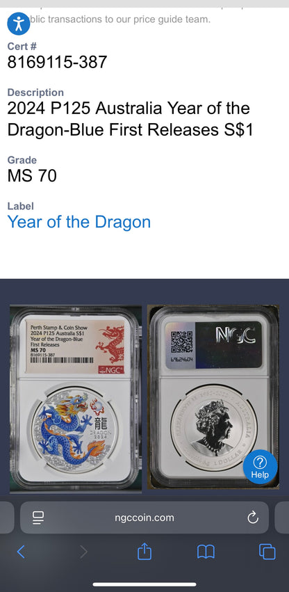 2024 P125 Silver $1 Australia Lunar Series III Year of the Dragon Blue Colorized NGC MS70 First Releases Perth Stamp & Coin Show Red Lunar Label New Holder (Rare 1 of 196)