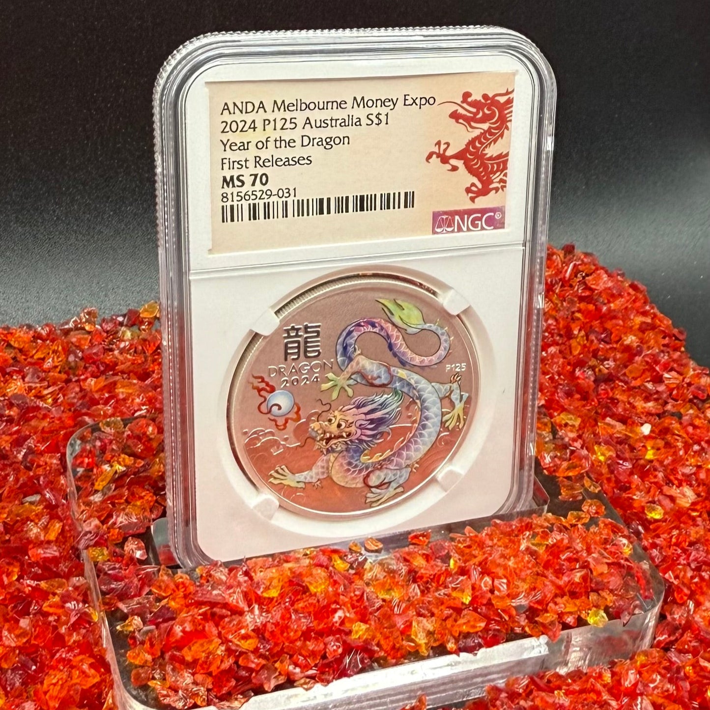 2024 P125 Silver $1 Australia Lunar Series III Year of the Dragon White Colorized NGC MS70 First Releases ANDA Melbourne Money Expo Red Lunar Label New Holder (Rare 1 of 114)