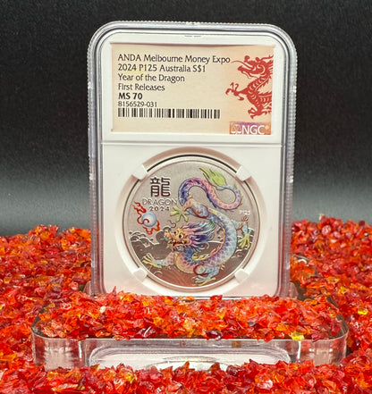 2024 P125 Silver $1 Australia Lunar Series III Year of the Dragon White Colorized NGC MS70 First Releases ANDA Melbourne Money Expo Red Lunar Label New Holder (Rare 1 of 114)