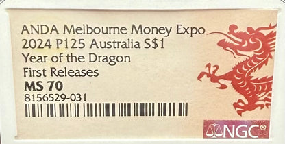 2024 P125 Silver $1 Australia Lunar Series III Year of the Dragon White Colorized NGC MS70 First Releases ANDA Melbourne Money Expo Red Lunar Label New Holder (Rare 1 of 114)
