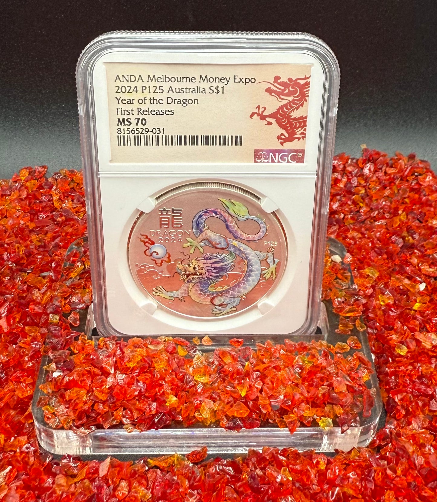 2024 P125 Silver $1 Australia Lunar Series III Year of the Dragon White Colorized NGC MS70 First Releases ANDA Melbourne Money Expo Red Lunar Label New Holder (Rare 1 of 114)