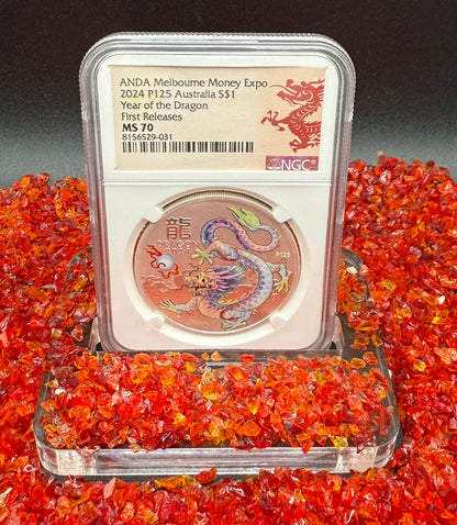 2024 P125 Silver $1 Australia Lunar Series III Year of the Dragon White Colorized NGC MS70 First Releases ANDA Melbourne Money Expo Red Lunar Label New Holder (Rare 1 of 114)
